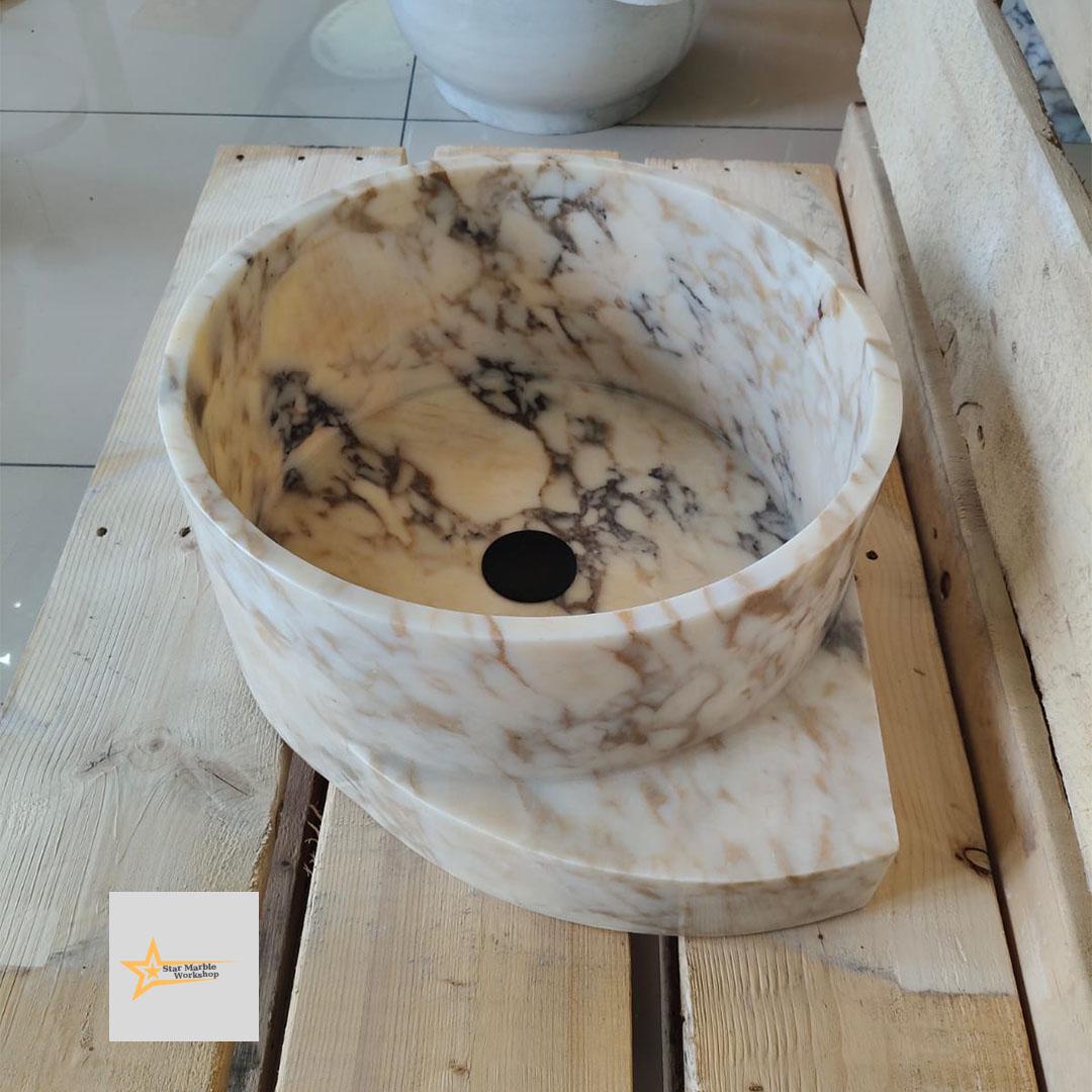 Hand Carved Calacatta Gold Marble Sink: Round Bathroom Vessel