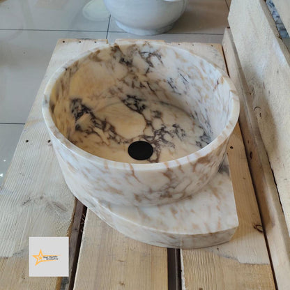Hand Carved Calacatta Gold Marble Sink: Round Bathroom Vessel