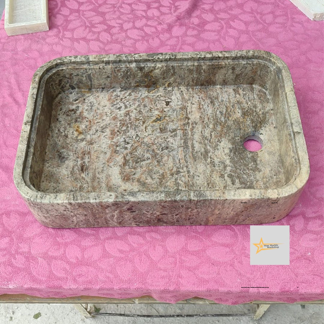 Ready to Ship Silver Travertine Sink Sink with Concealed Drain  Farmhouse Sink Powder Room Sink  Hand Carved Marble Sink Bathroom Sink
