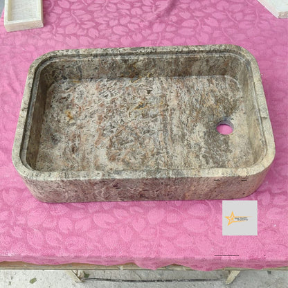 Ready to Ship Silver Travertine Sink Sink with Concealed Drain  Farmhouse Sink Powder Room Sink  Hand Carved Marble Sink Bathroom Sink
