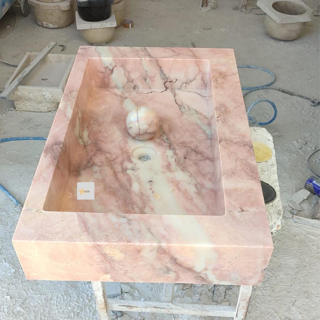 Handmade Pink Marble Sink Vessel Sink Wall-Mounted or Countertop Basin Natural Stone Rectangular Washbasin Marble Sink chiseled sink sink