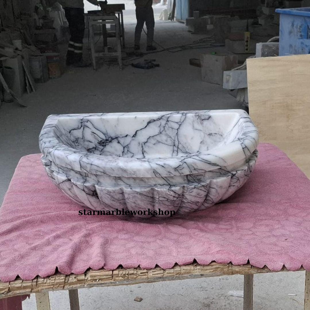 Calacatta Lilac Rectangular Sink, Sink With Faucet Hole Farmhouse Sink Powder Room Sink Calacatta Sink  Hand Carved Marble Sink Washbasin