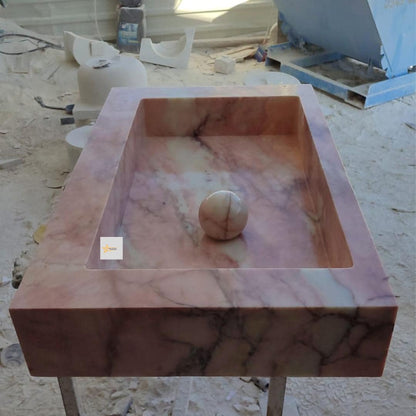 Handmade Pink Marble Sink Vessel Sink Wall-Mounted or Countertop Basin Natural Stone Rectangular Washbasin Marble Sink chiseled sink sink