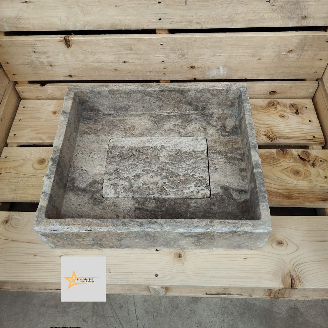 Ready to Ship Silver Travertine Sink Sink with Concealed Drain  Farmhouse Sink Powder Room Sink  Hand Carved Marble Sink Bathroom Sink