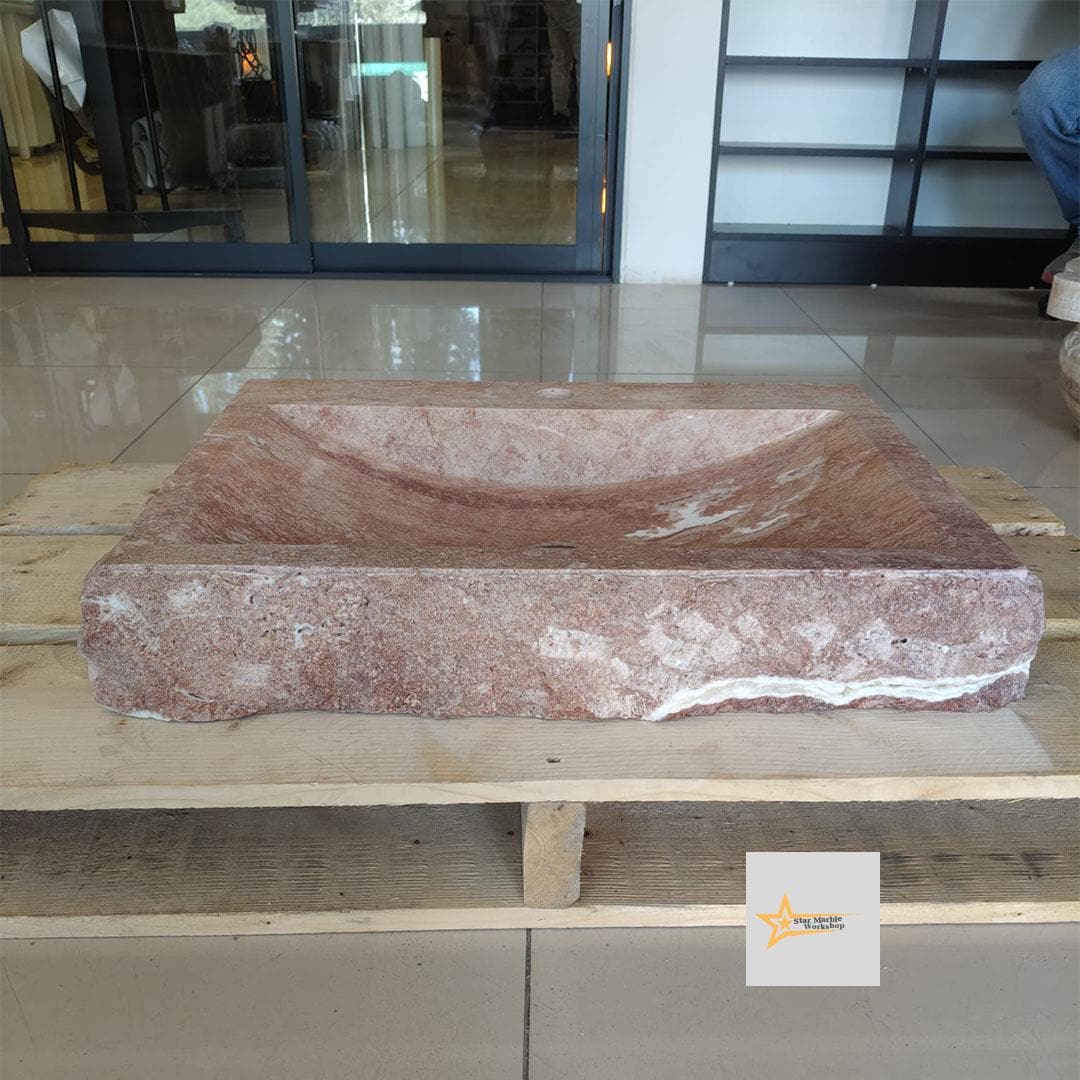 Ready to Ship Red Travertine Sink Farmhouse Sink Powder Room Sink Hand Carved Marble Sink Bathroom Sink Natural Stone With Faucet Hole