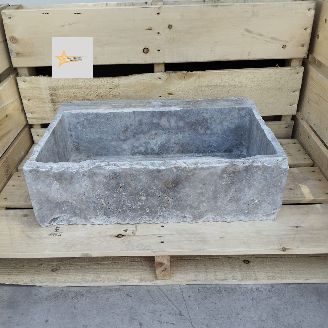 Ready to Ship Silver Travertine Sink Farmhouse Sink Powder Room Sink Hand Carved Marble Sink Bathroom Sink Natural Stone With Faucet Hole