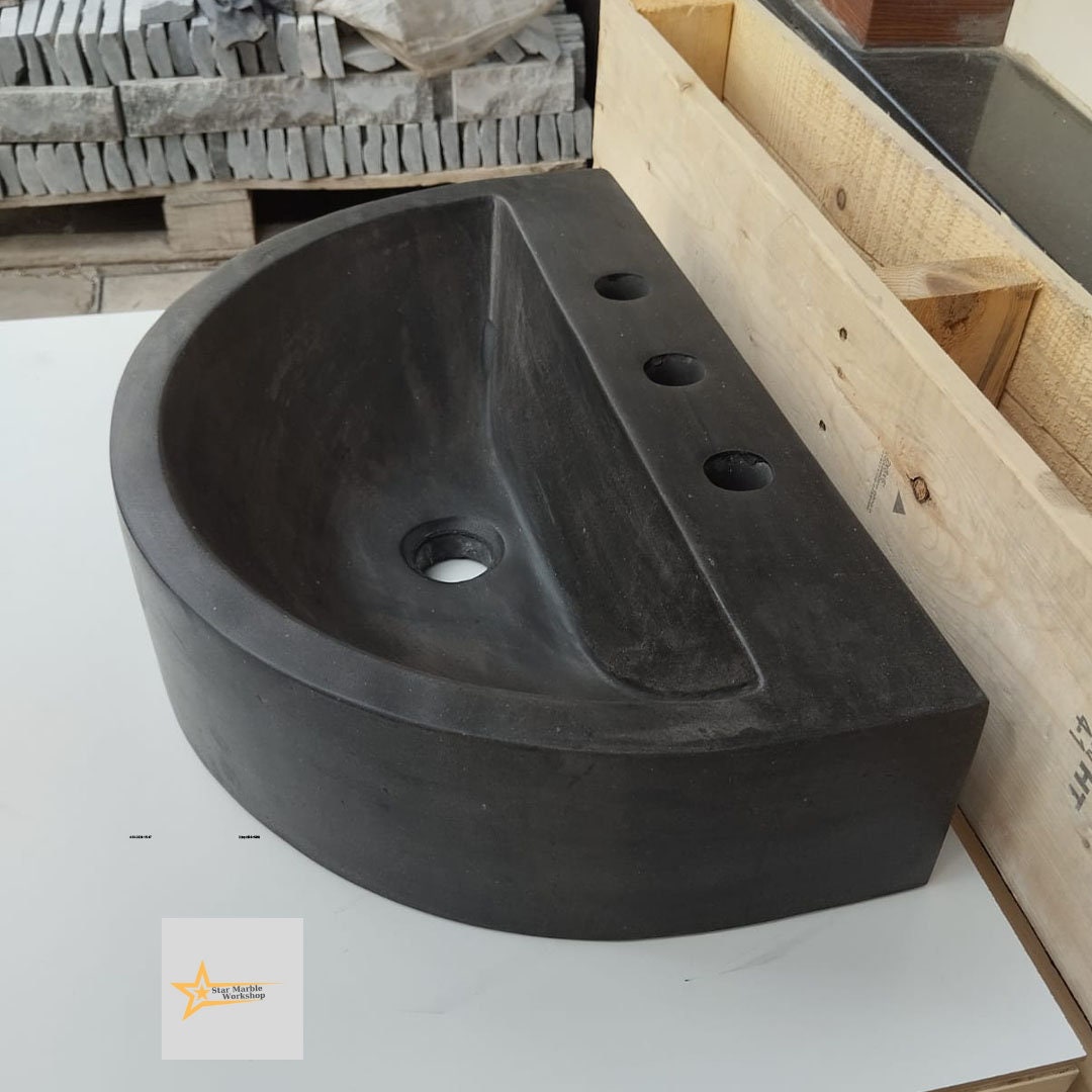 Basalt Black Stone D Design Sink With Faucet Hole 100% Natural Stone   Matte Black Sink Stone Sink Bathroom Design Sink vanity Handmade Sink