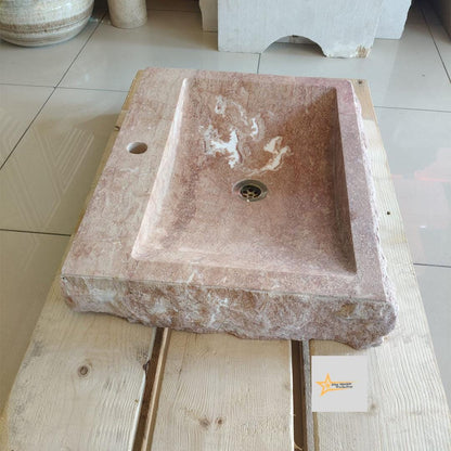 Ready to Ship Red Travertine Sink Farmhouse Sink Powder Room Sink Hand Carved Marble Sink Bathroom Sink Natural Stone With Faucet Hole