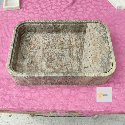 Ready to Ship Silver Travertine Sink Sink with Concealed Drain  Farmhouse Sink Powder Room Sink  Hand Carved Marble Sink Bathroom Sink