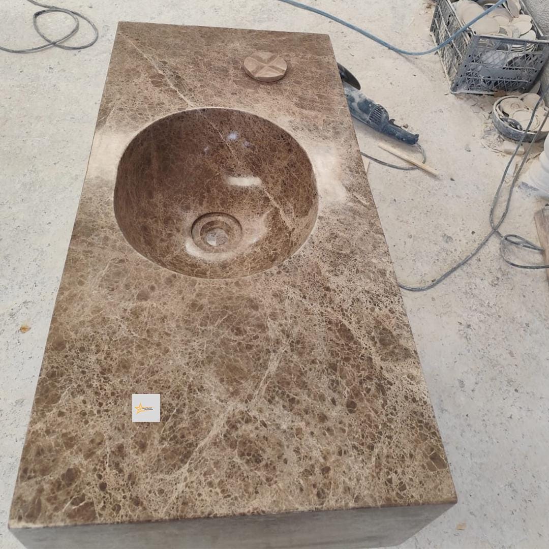 Handmade Emperador Marble Wall-Mounted Sink - Vessel Sink - chiseled sink- Luxury Minimalist Bathroom sink for bathroom