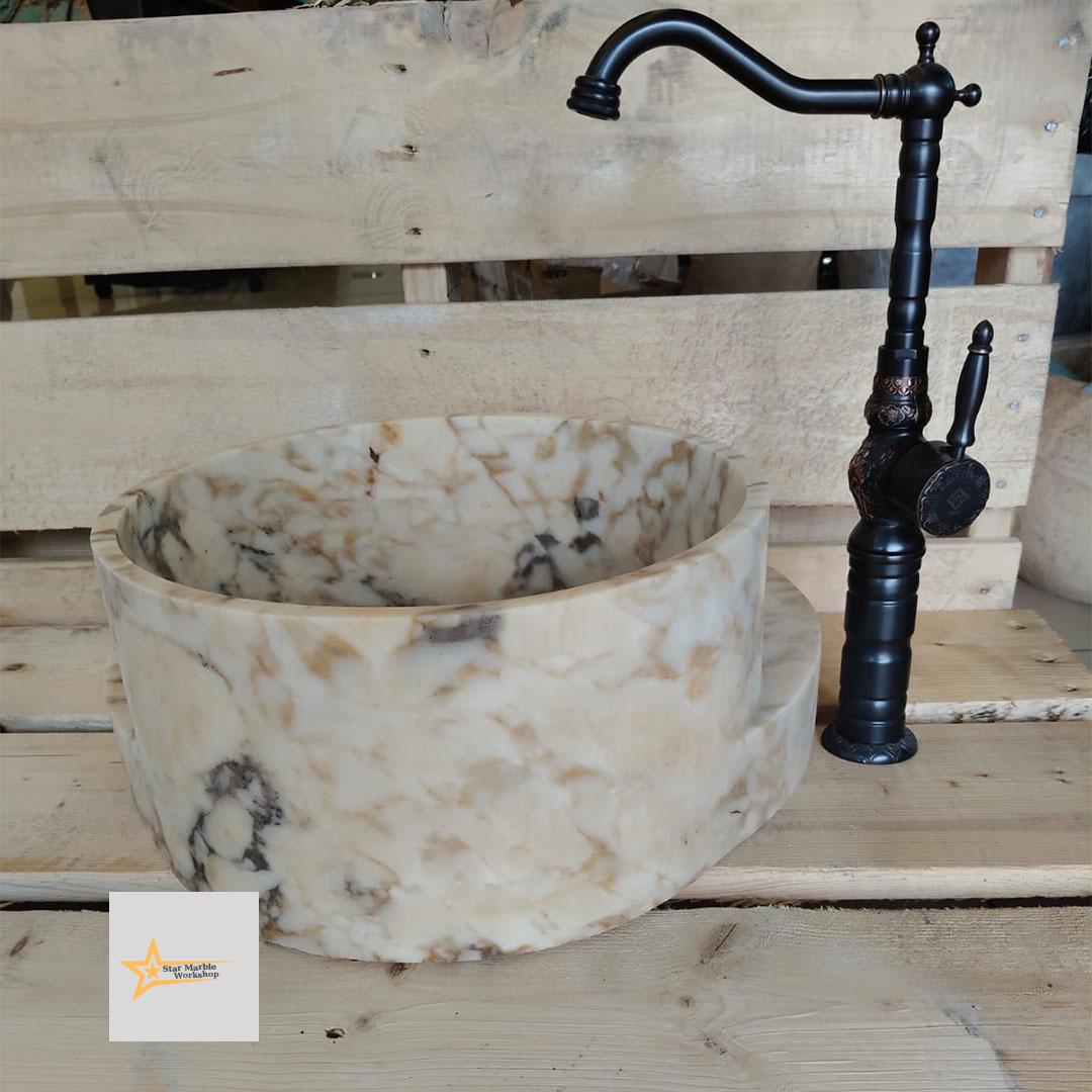 Hand Carved Calacatta Gold Marble Sink: Round Bathroom Vessel