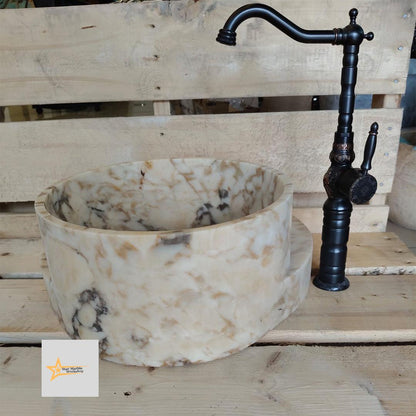Hand Carved Calacatta Gold Marble Sink: Round Bathroom Vessel