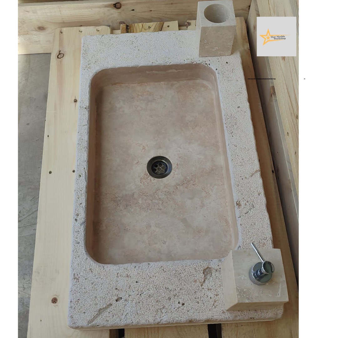 Ready to Ship Travertine Sink Wall Mounted Sink Farmhouse Sink Powder Room Sink Calacatta Sink Hand Carved Marble Sink Bathroom Sink