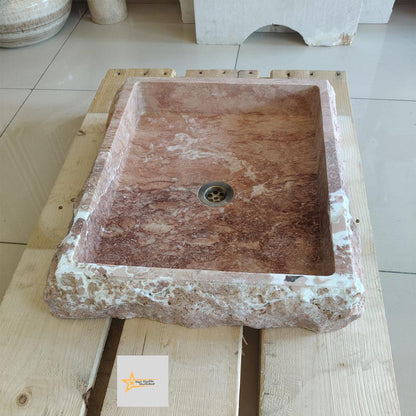 Ready to Ship Red Travertine Sink Farmhouse Sink Powder Room Sink Hand Carved Marble Sink Bathroom Sink Natural Stone With Faucet Hole