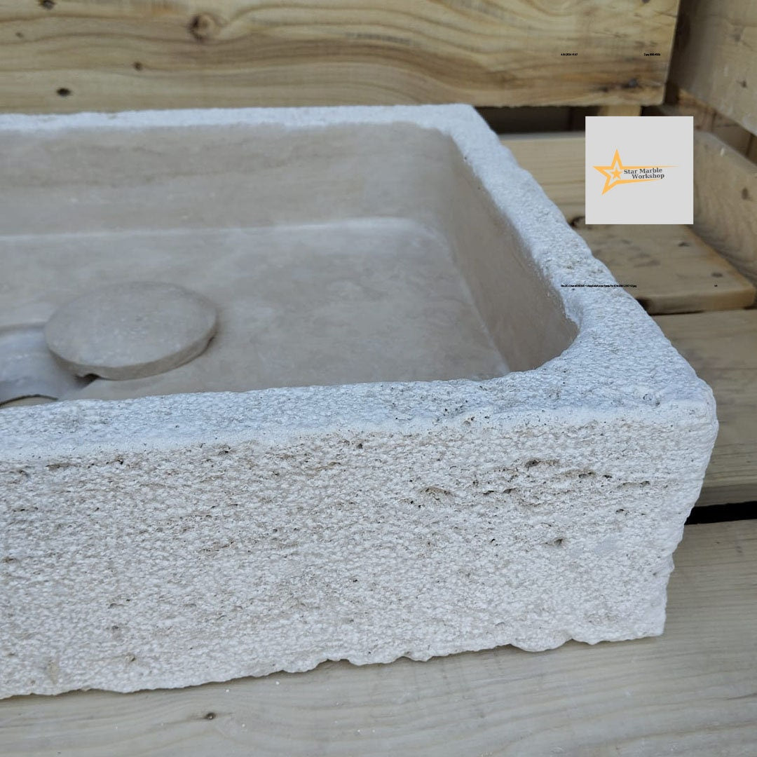 Handmade Travertine Stone Sink – Wall Mounted, Rustic & Modern Bathroom Design