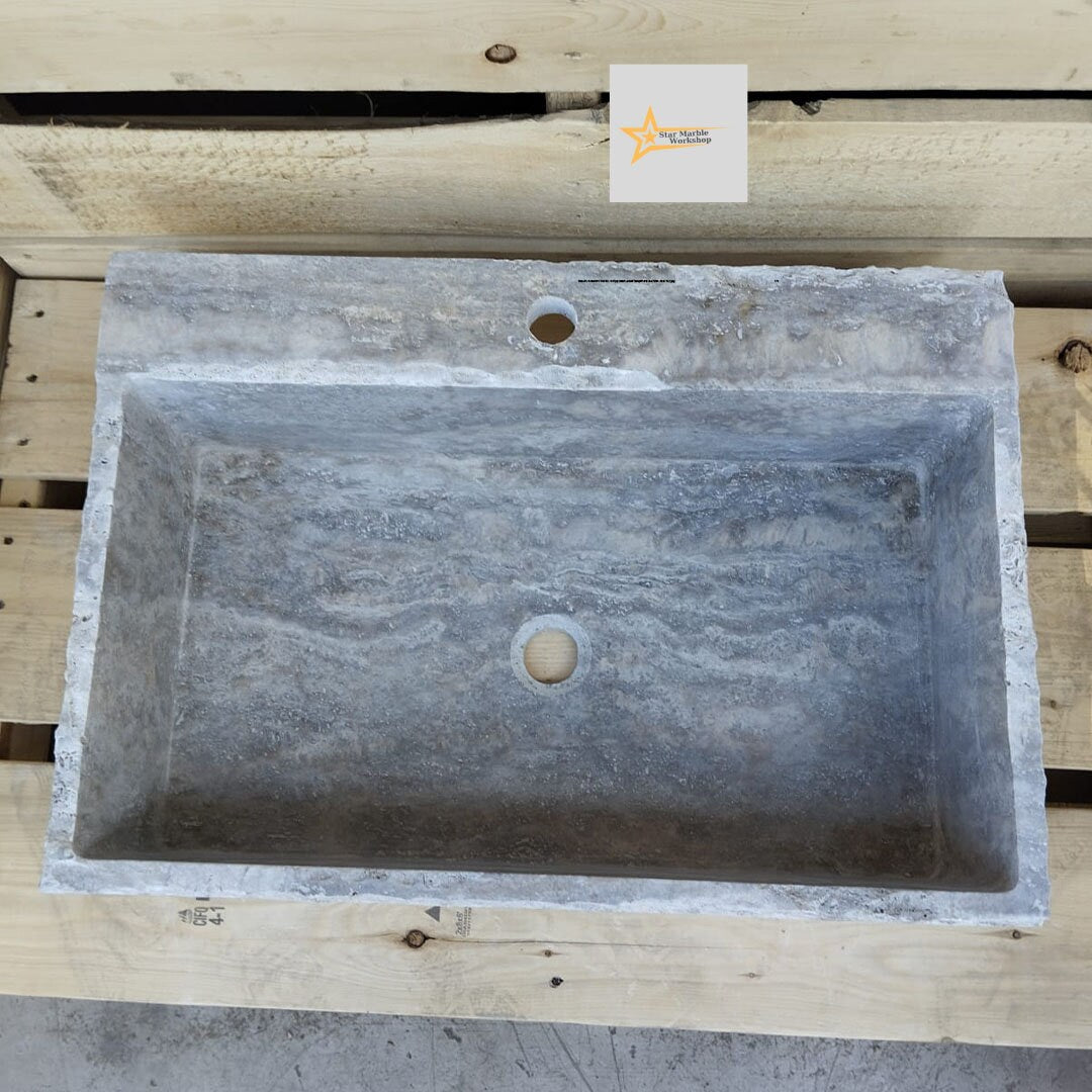 Ready to Ship Silver Travertine Sink Farmhouse Sink Powder Room Sink Hand Carved Marble Sink Bathroom Sink Natural Stone With Faucet Hole