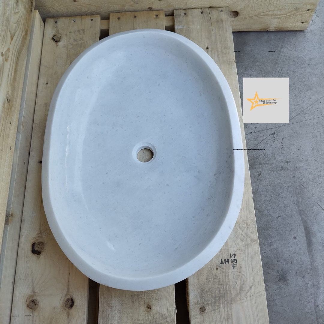 Ready To Ship White Marble Ellipse Sink Farmhouse Sink Powder Room Sink  Countertop Sink  Hand Carved Marble Sink Oval Sink