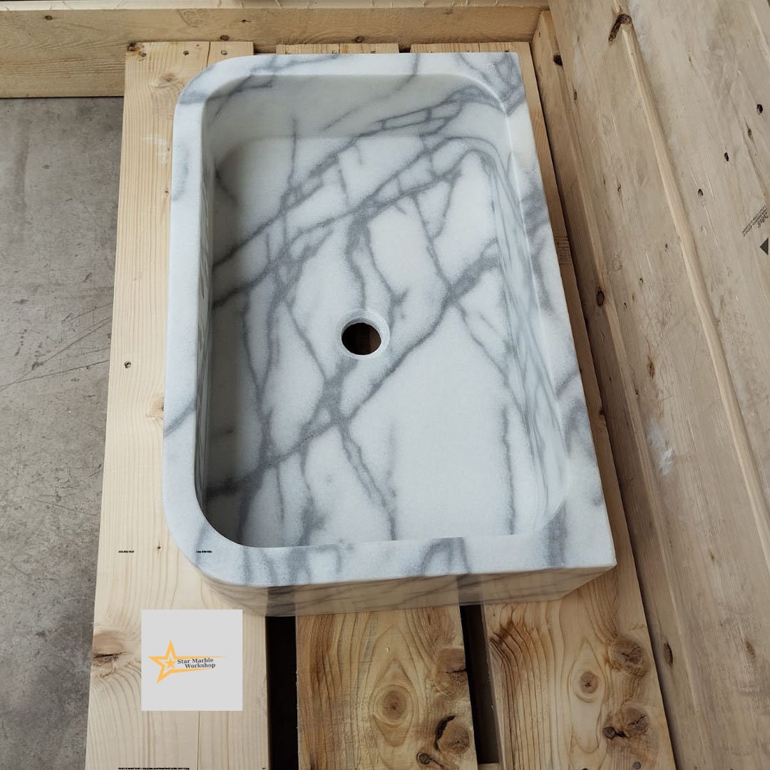 Ready To Ship Calacatta Viola Marble Sink Wall Mounted Sink Farmhouse Sink Powder Room Sink Calacatta Sink  Hand Carved Marble Sink