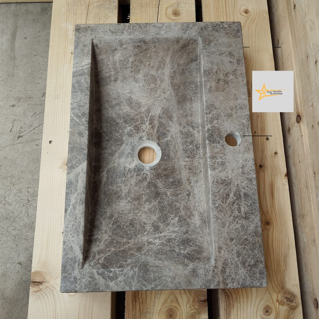 Ready To Ship Dark Emperador Marble Sink With Faucet Hole Farmhouse Sink Powder Room Sink Calacatta Sink  Hand Carved Marble Sink