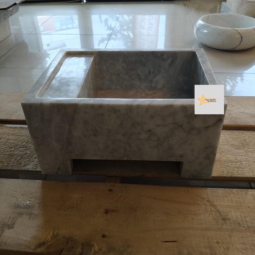 Ready To Ship Grey Marble Sink Wall Mounted Sink Farmhouse Sink Powder Room Sink Calacatta Sink  Hand Carved Marble Sink