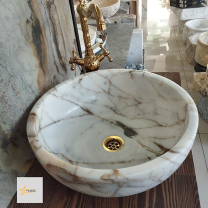 Ready to Ship Gold Calacatta Round Sink Counter Top Sink Toilet Room Sink Calacatta Sink Hand Carved Marble Sink Marble Sink Sink vanity
