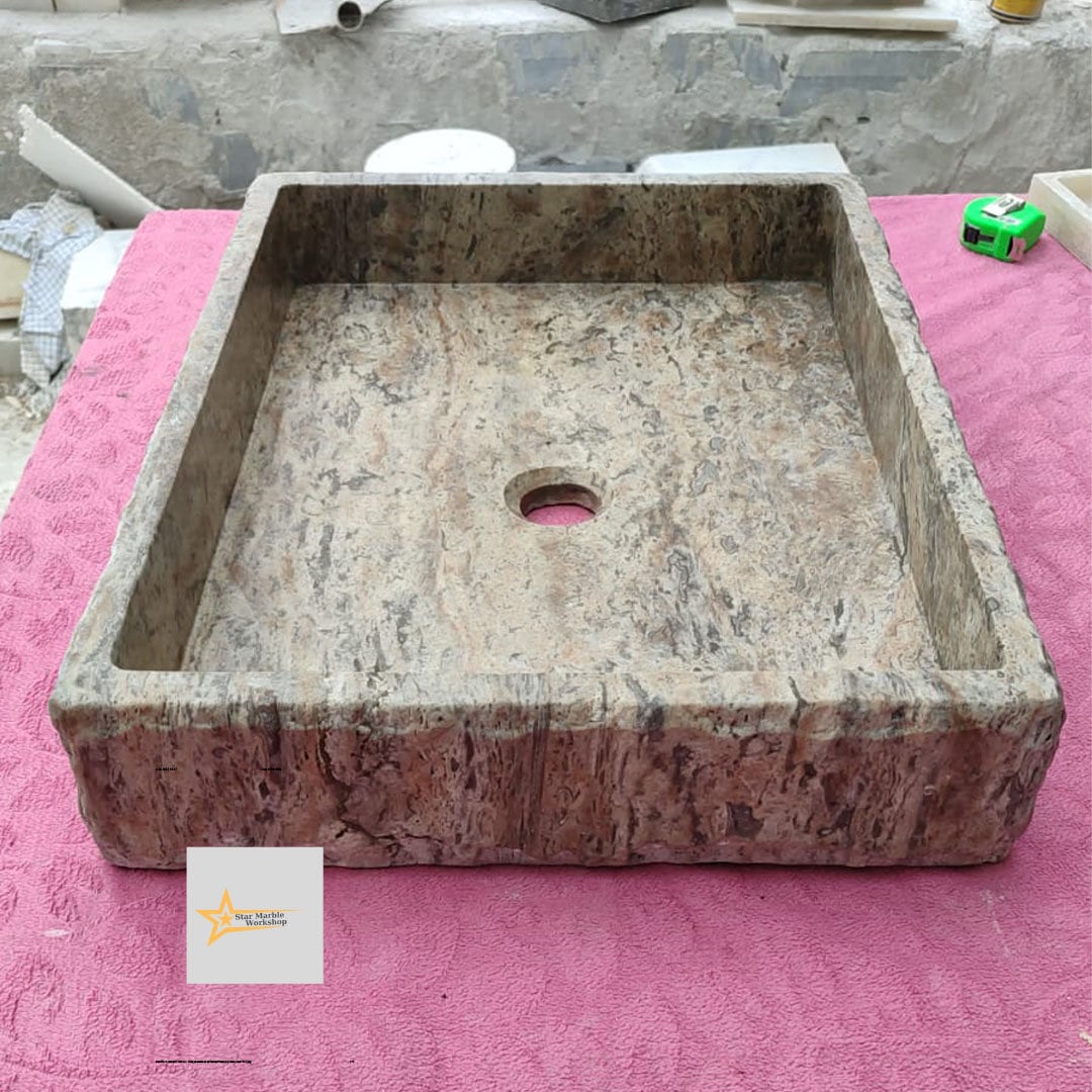 Ready to Ship Silver Travertine Sink Marble Washbasin Countertop Sink  Powder Room Sink Hand Carved Marble Sink Bathroom Sink