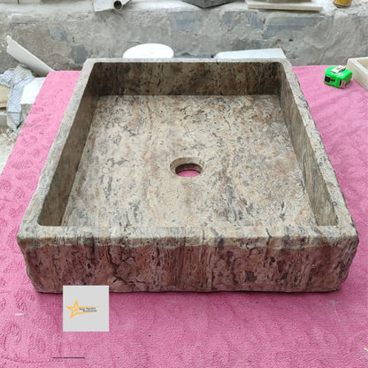 Ready to Ship Silver Travertine Sink Marble Washbasin Countertop Sink  Powder Room Sink Hand Carved Marble Sink Bathroom Sink