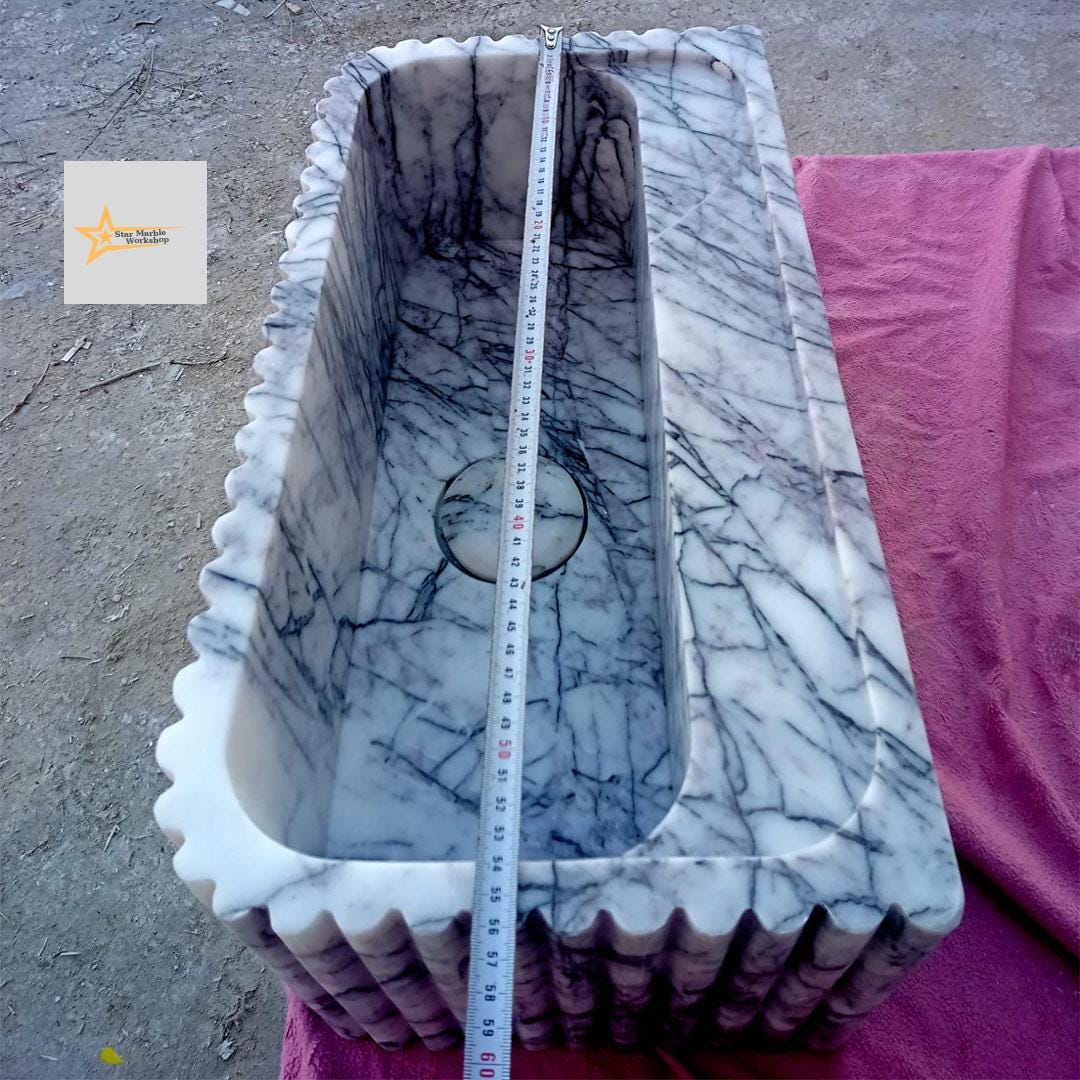 Calacatta Lilac Rectangular Sink, Sink With Faucet Hole Farmhouse Sink Powder Room Sink Calacatta Sink  Hand Carved Marble Sink Washbasin