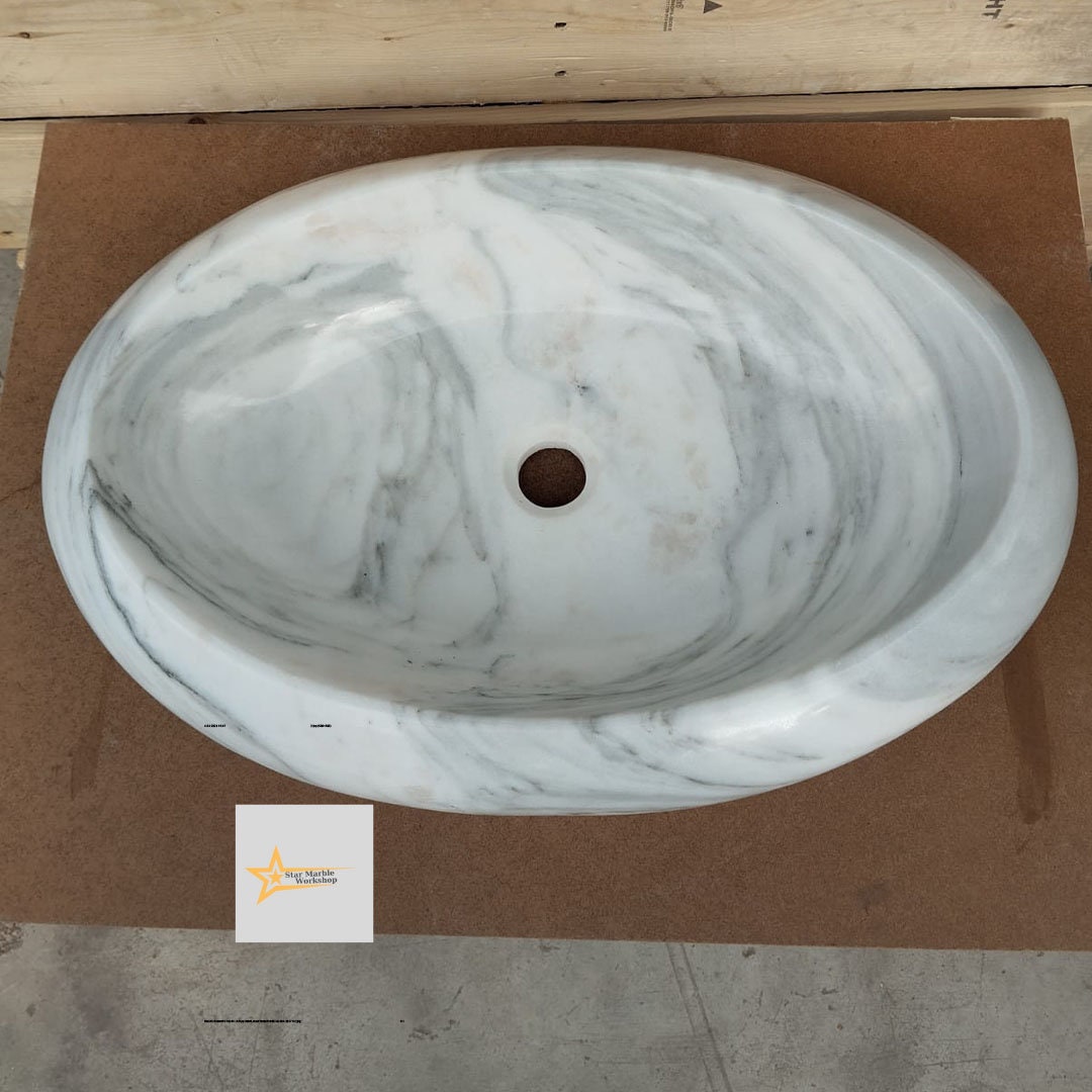 Ready to ship Carrera White Marble Ellipse Sink Farmhouse Sink Powder Room Sink Countertop Sink Hand Carved Marble Sink Sink vanity