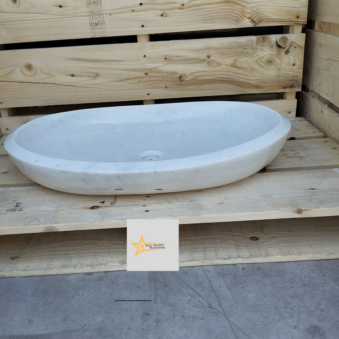 Ready To Ship White Marble Ellipse Sink Farmhouse Sink Powder Room Sink  Countertop Sink  Hand Carved Marble Sink Oval Sink