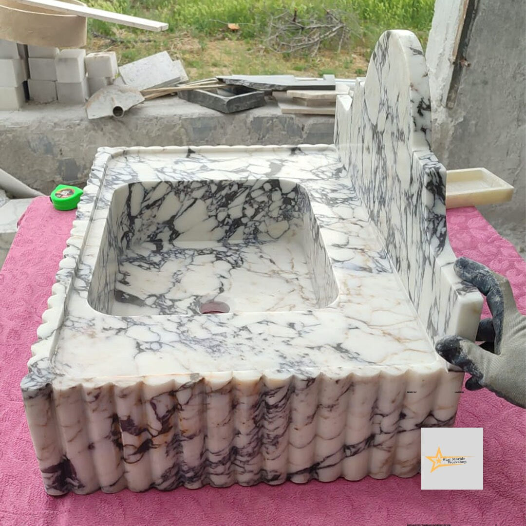Calacatta Viola Marble Sink Wall Mounted Sink Farmhouse Sink Powder Room Sink Calacatta Sink  Hand Carved Marble Sink Sink vanity