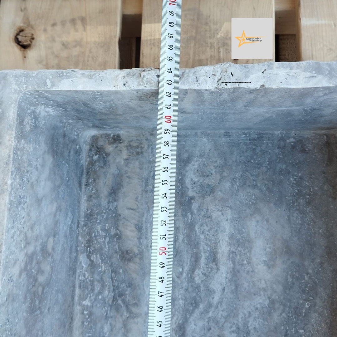 Ready to Ship Silver Travertine Sink Farmhouse Sink Powder Room Sink Hand Carved Marble Sink Bathroom Sink Natural Stone With Faucet Hole