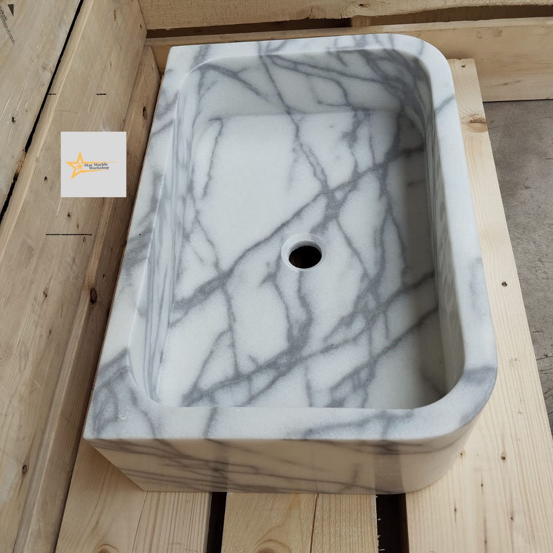 Ready To Ship Calacatta Viola Marble Sink Wall Mounted Sink Farmhouse Sink Powder Room Sink Calacatta Sink  Hand Carved Marble Sink