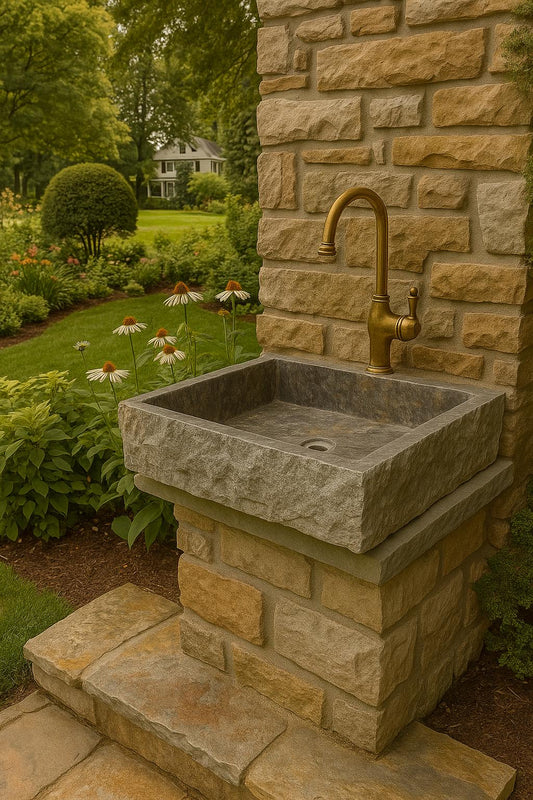 Ready to Ship Silver Travertine Sink Farmhouse Sink Powder Room Sink Hand Carved Marble Sink Bathroom Sink Natural Stone With Faucet Hole