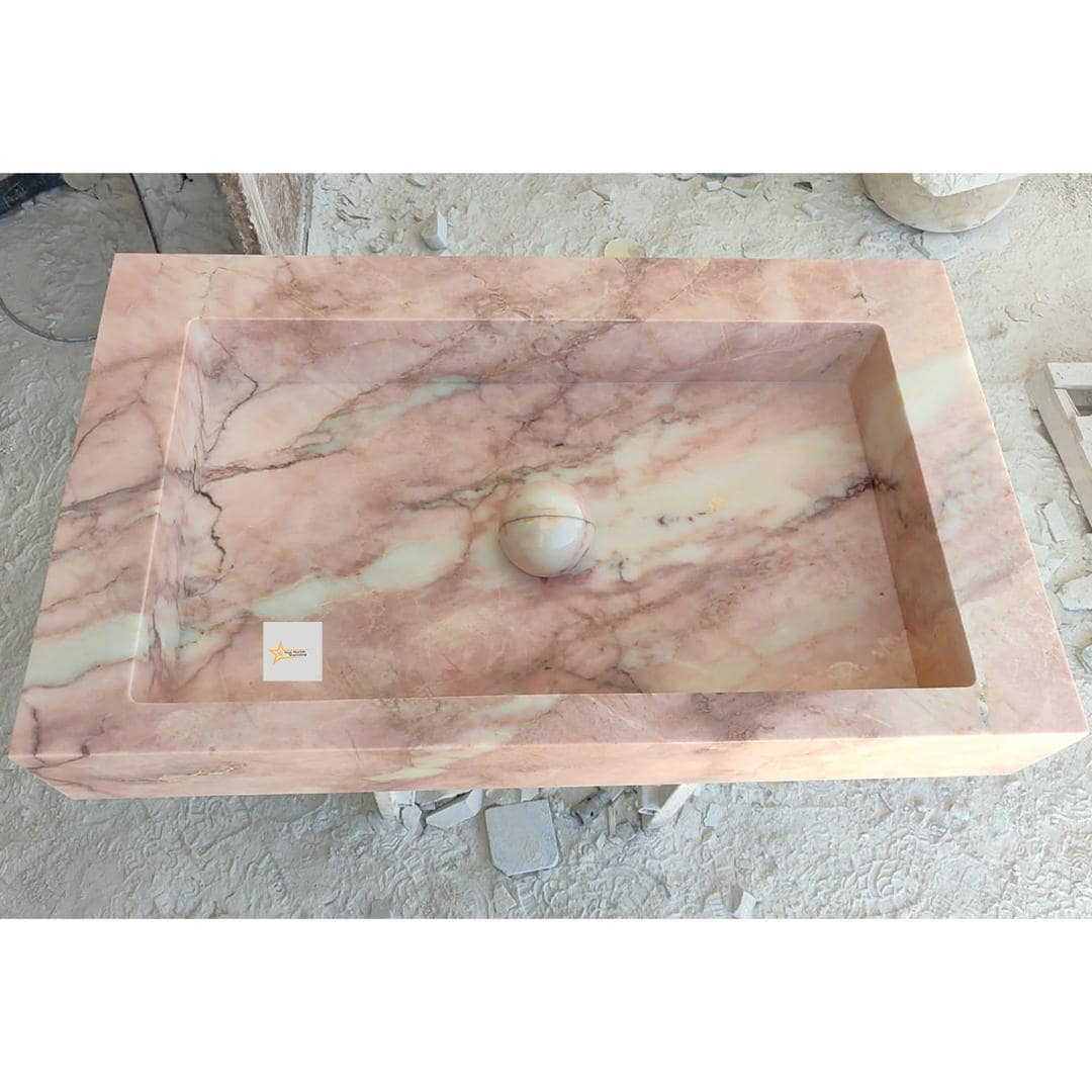Handmade Pink Marble Sink Vessel Sink Wall-Mounted or Countertop Basin Natural Stone Rectangular Washbasin Marble Sink chiseled sink sink