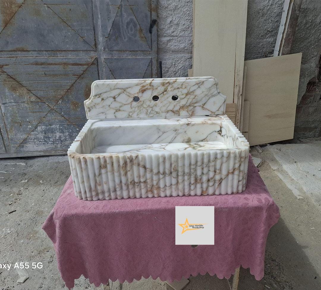 Calacatta Gold Rectangular Sink Wall Mounted Sink Powder Room Sink Calacatta Sink  Hand Carved Marble Sink Marble Washbasin