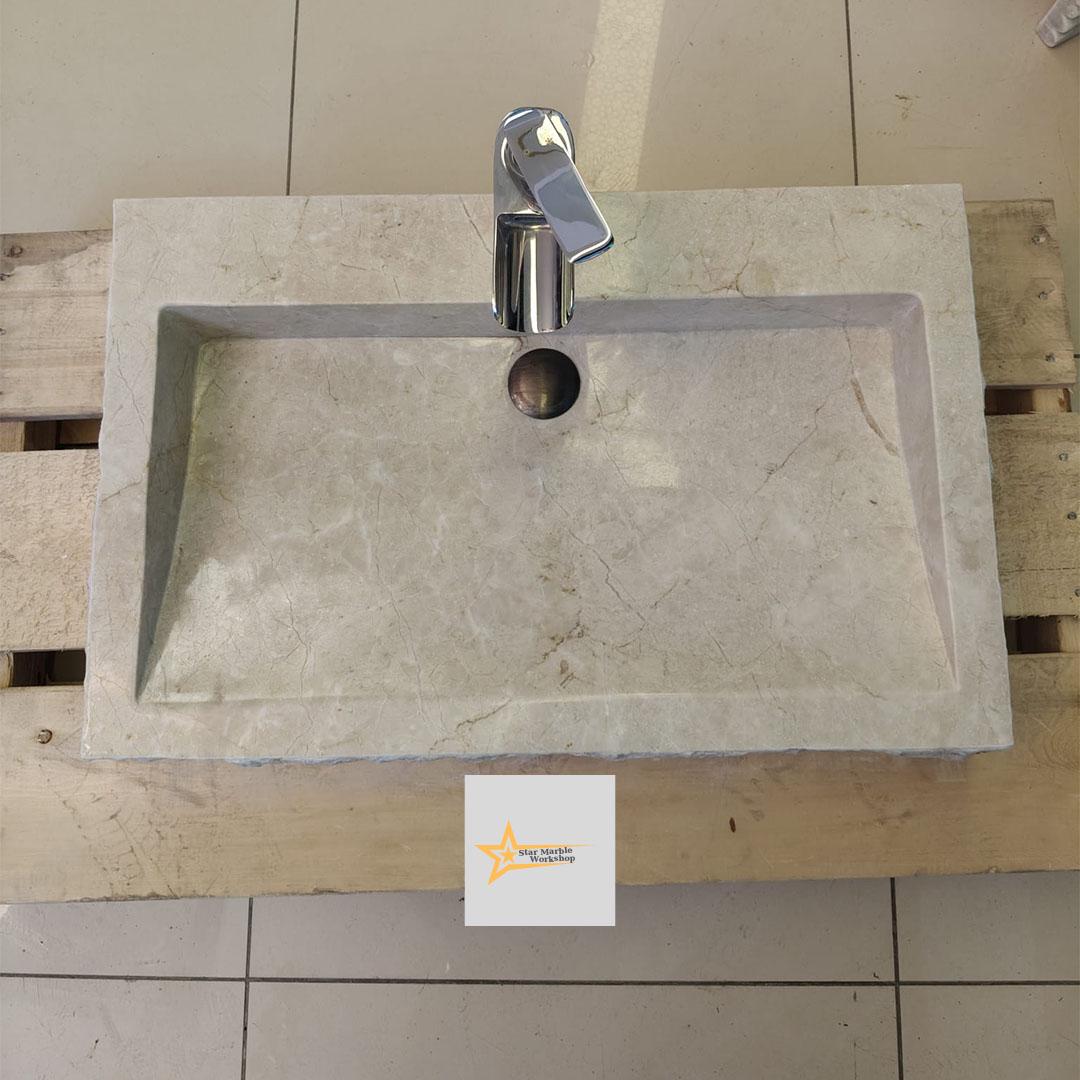 Ready to Ship Beige Marble Sink Rectangular Sink Farmhouse Sink Toilet Room Sink Hand Carved Marble Sink Faucet Hole Sink Wall Mounted Sink
