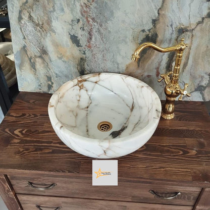 Ready to Ship Gold Calacatta Round Sink Counter Top Sink Toilet Room Sink Calacatta Sink Hand Carved Marble Sink Marble Sink Sink vanity