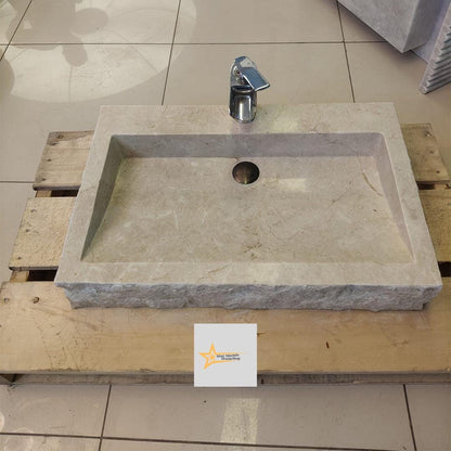 Ready to Ship Beige Marble Sink Rectangular Sink Farmhouse Sink Toilet Room Sink Hand Carved Marble Sink Faucet Hole Sink Wall Mounted Sink