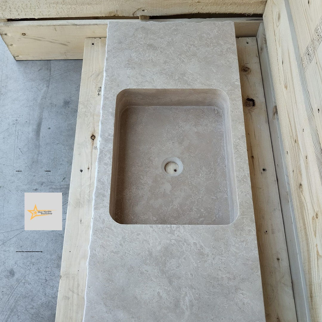 Ready to Ship Travertine Sink Wall Mounted Sink Farmhouse Sink Powder Room Sink Calacatta Sink Hand Carved Marble Sink Bathroom Sink