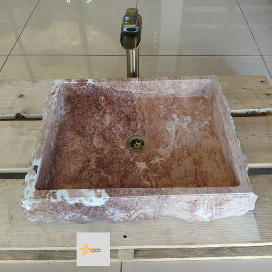 Ready to Ship Red Travertine Sink Farmhouse Sink Powder Room Sink Hand Carved Marble Sink Bathroom Sink Natural Stone With Faucet Hole