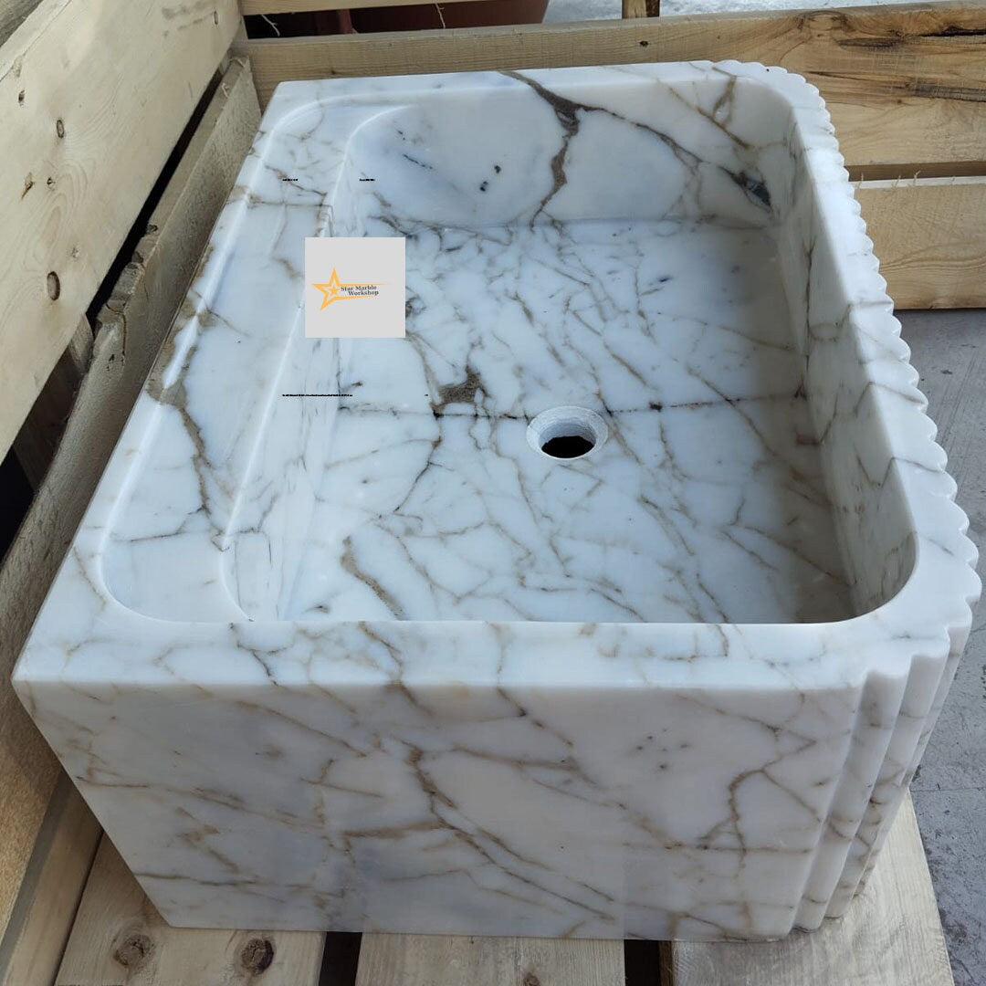 Ready To Ship Calacatta Gold Rectangular Sink Wall Mounted Sink Farmhouse Sink Powder Room Sink Calacatta Sink  Hand Carved Marble Sink