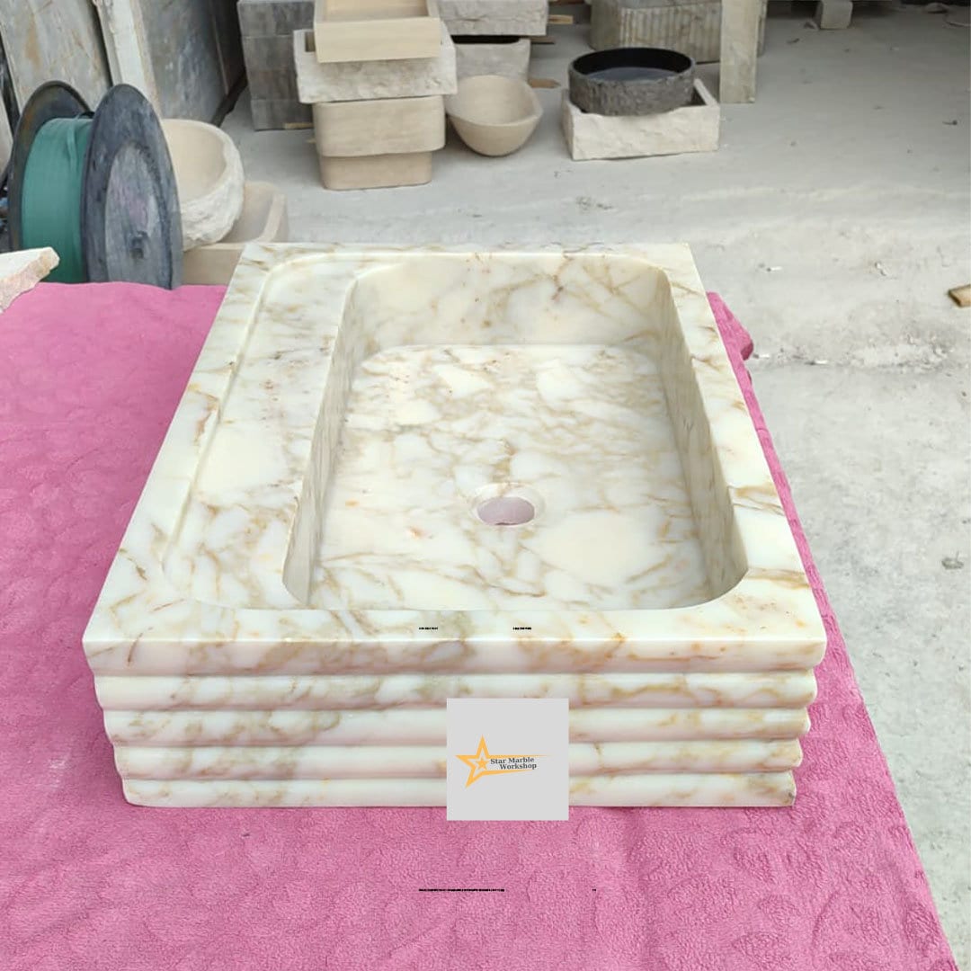 Ready To Ship Calacatta Gold Rectangular Sink Wall Mounted Sink Powder Room Sink Calacatta Sink  Hand Carved Marble Sink Marble Washbasin