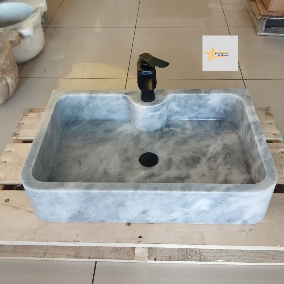 Ready to Ship Gray White Marble Sink Calacatta Viola Marble Sink Farmhouse Sink Powder Room Sink Hand Carved Marble with Faucet Holes
