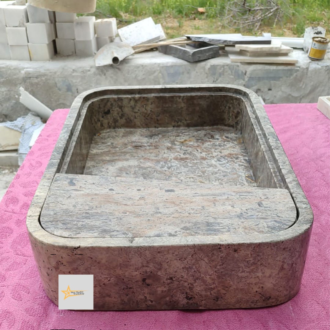 Ready to Ship Silver Travertine Sink Sink with Concealed Drain  Farmhouse Sink Powder Room Sink  Hand Carved Marble Sink Bathroom Sink