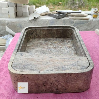 Ready to Ship Silver Travertine Sink Sink with Concealed Drain  Farmhouse Sink Powder Room Sink  Hand Carved Marble Sink Bathroom Sink
