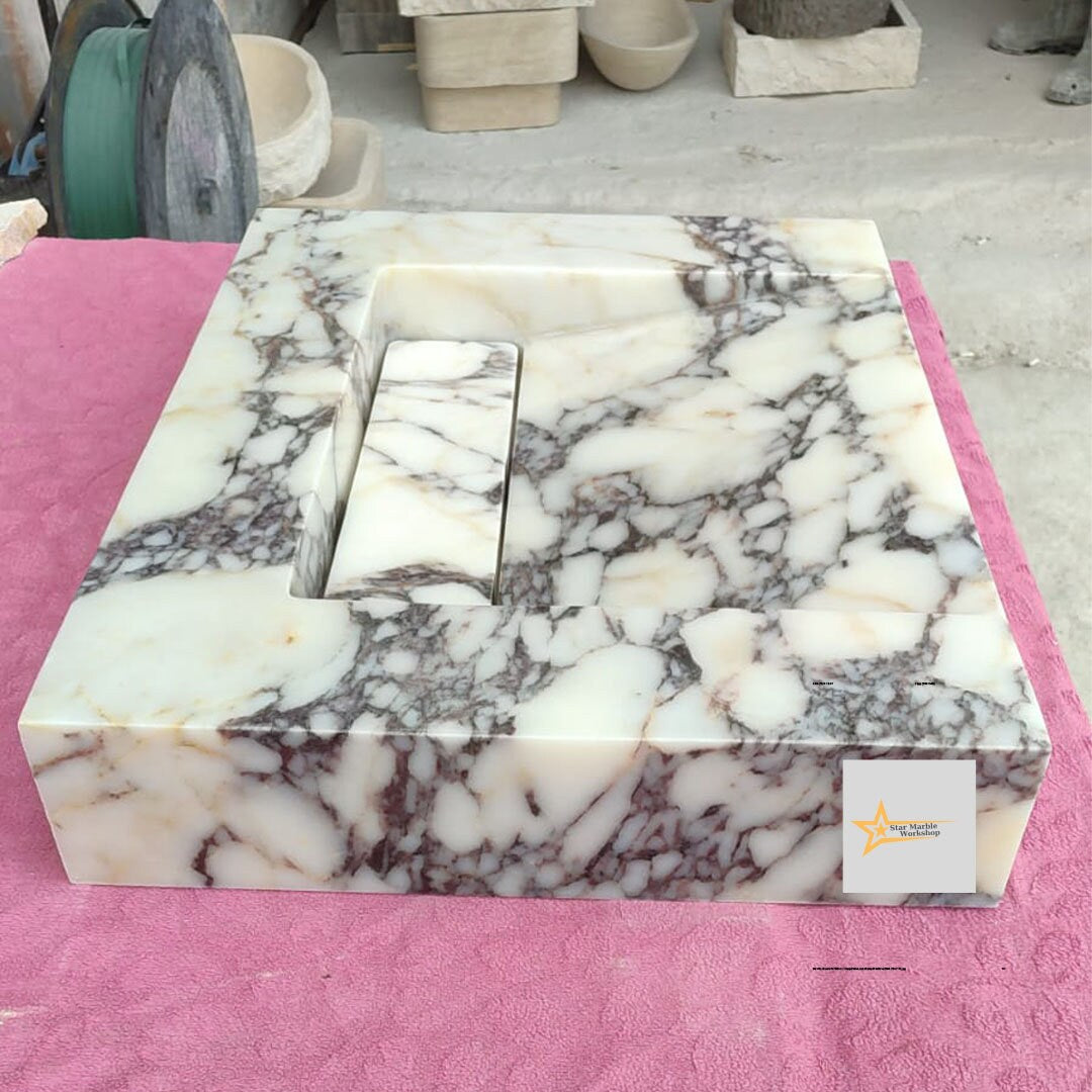 Ready To Ship Calacatta Viola Marble Sink Wall Mounted Sink Farmhouse Sink Calacatta Sink Hand Carved Marble Sink Hidden Drain Wash Basin