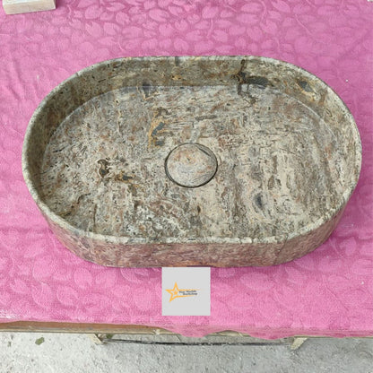 Ready to Ship Silver Travertine Sink Sink with Concealed Drain Wall Mounted Sink Oval Sink  Marble Washbasin  Hand Carved Marble Sink