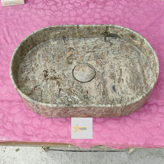 Ready to Ship Silver Travertine Sink Sink with Concealed Drain Wall Mounted Sink Oval Sink  Marble Washbasin  Hand Carved Marble Sink