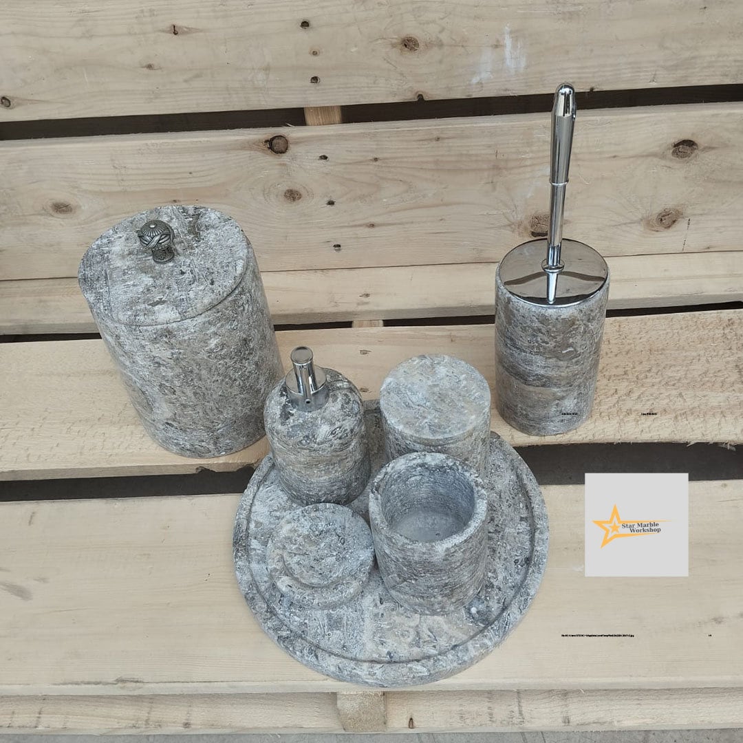 Ready to ship silver travertine bathroom set Luxury bathroom Marble bathroom set 7 piece bathroom design set